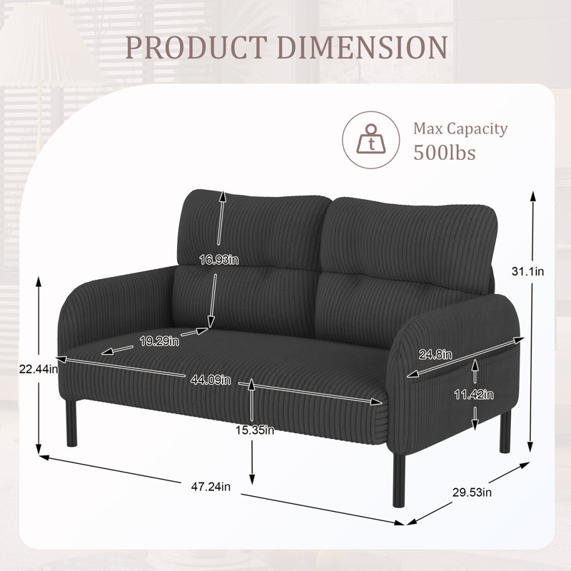 2-Seat Upholstered Sofa, Gray Corduroy