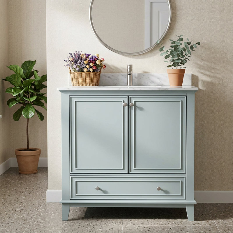 Armoire de salle de bain multifonctionnelle verte avec cadre en bois massif et portes et tiroirs