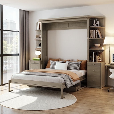 Space-Saving Queen Murphy Bed with Integrated Desk, Storage Shelves & Cabinets - Light Gray Wall Bed for Home Office/Guest Room
