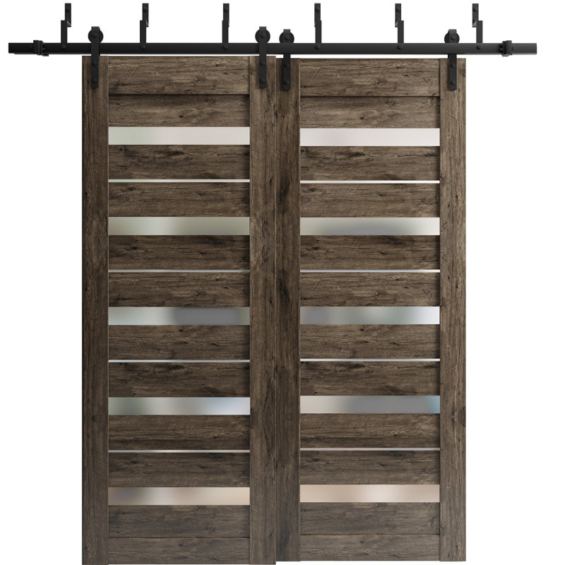 Portes coulissantes de style grange avec verre dépoli Quadro 4445 Chêne Cognac Rails robustes de 2 m (6,6 pi) Ensemble de quincaillerie Portes de placard de chambre en bois massif - 122 x 213 cm (48 x 84 po) (2 x 61 x 213 cm (2 x 24 x 84 po))