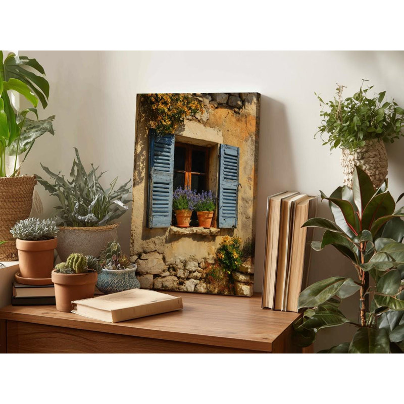 French Country Window Canvas: Provence Farmhouse, Lavender Pots, Cottagecore Wall Art, 24" H x 16" W