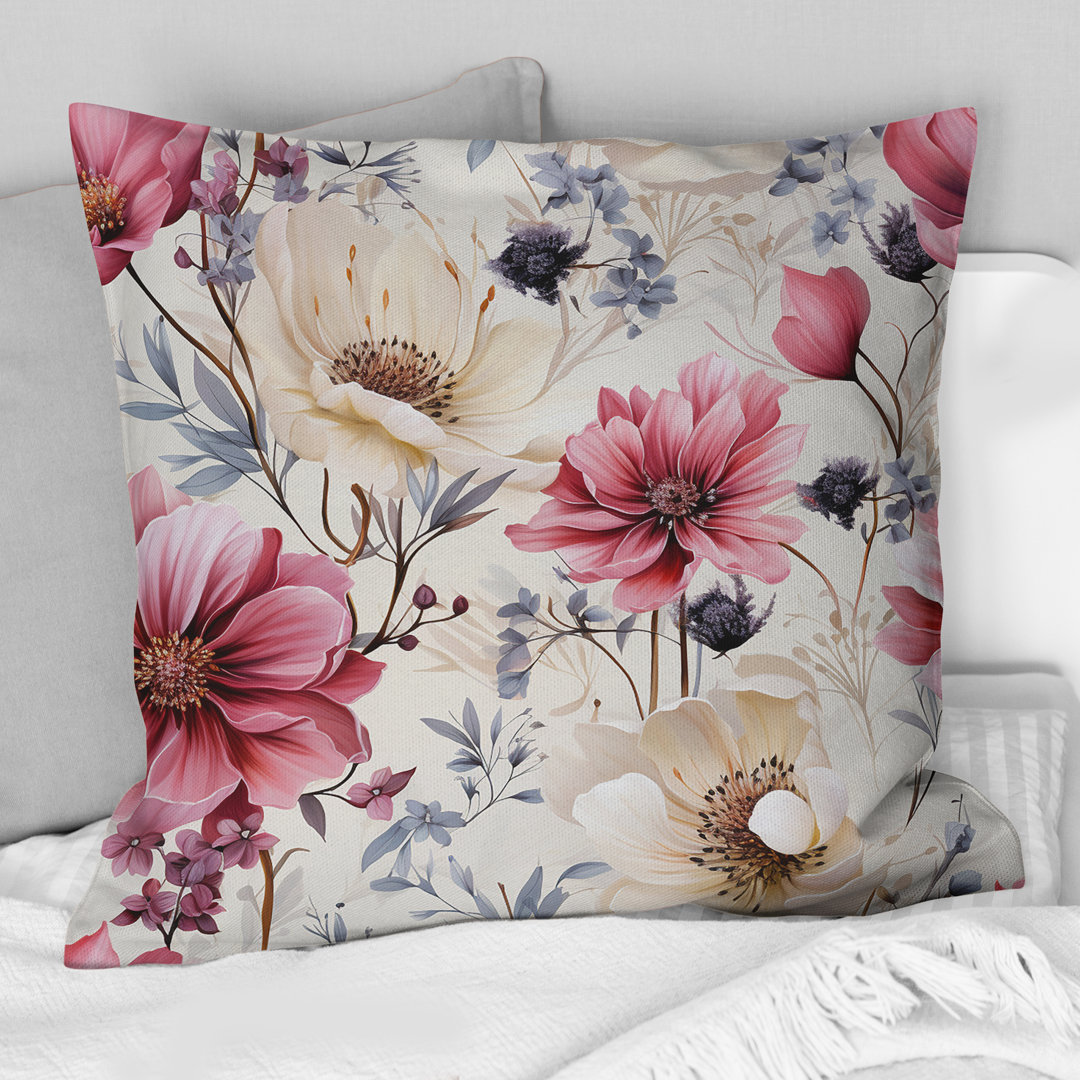 Pink And Beige Wildflower Paradise I - Floral Printed Throw Pillow Design Art 