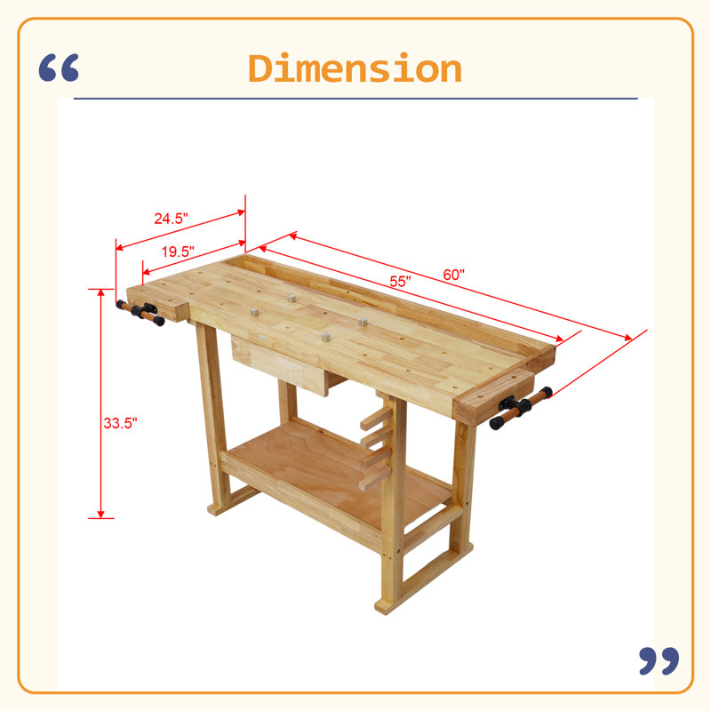 Établi en bois robuste et fonctionnel de 55 pouces - Établi en bois pour garage et maison