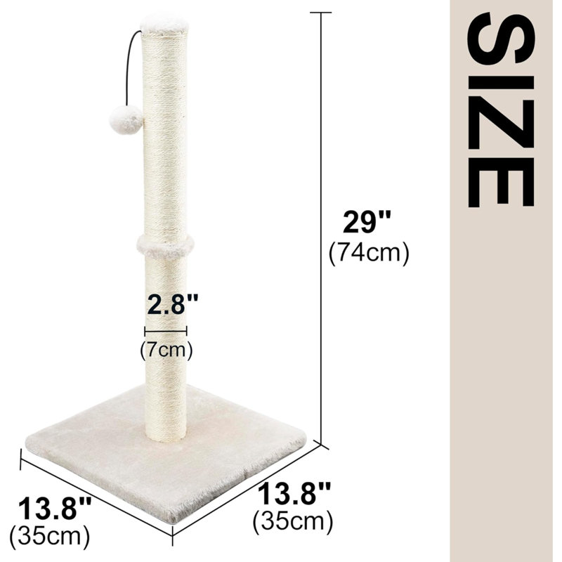 29" Beige Sisal Cat Scratching Post with Plush Ball