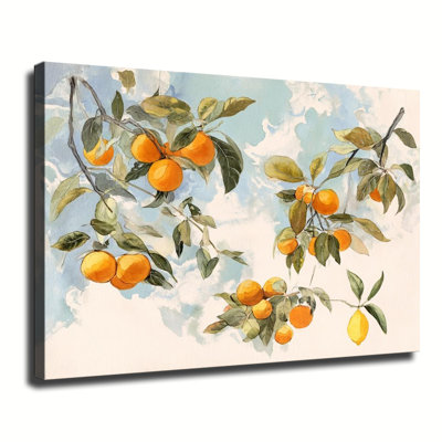 Aquarelle, branches d'agrumes orange sur fond de ciel, grande impression sur toile tendue avec châssis pour le salon, la chambre à coucher