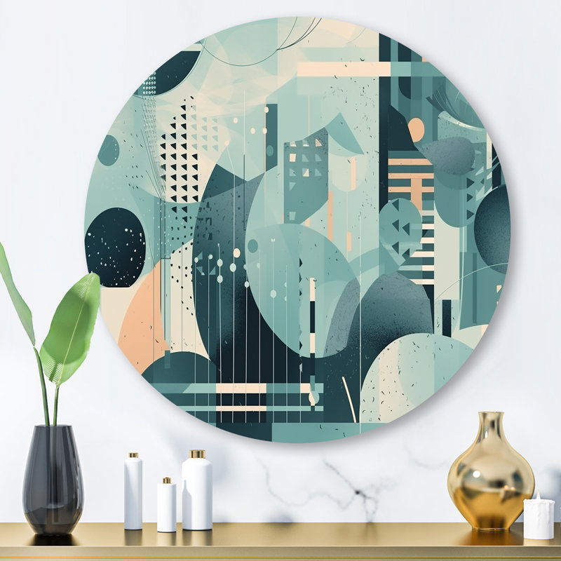 Exploration de formes abstraites bleues - Art mural rond géométrique abstrait sur métal, H 29 po x l 29 po x P 1 po