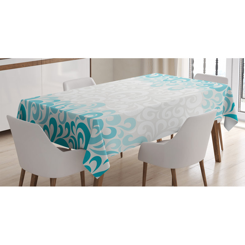 Turquoise Tablecloth, Abstract Floral Flowers Pattern Classic Design Illustration, Rectangular Table Cover For Dining Room Kitchen Decor, 60" X 90", Teal Turquoise White