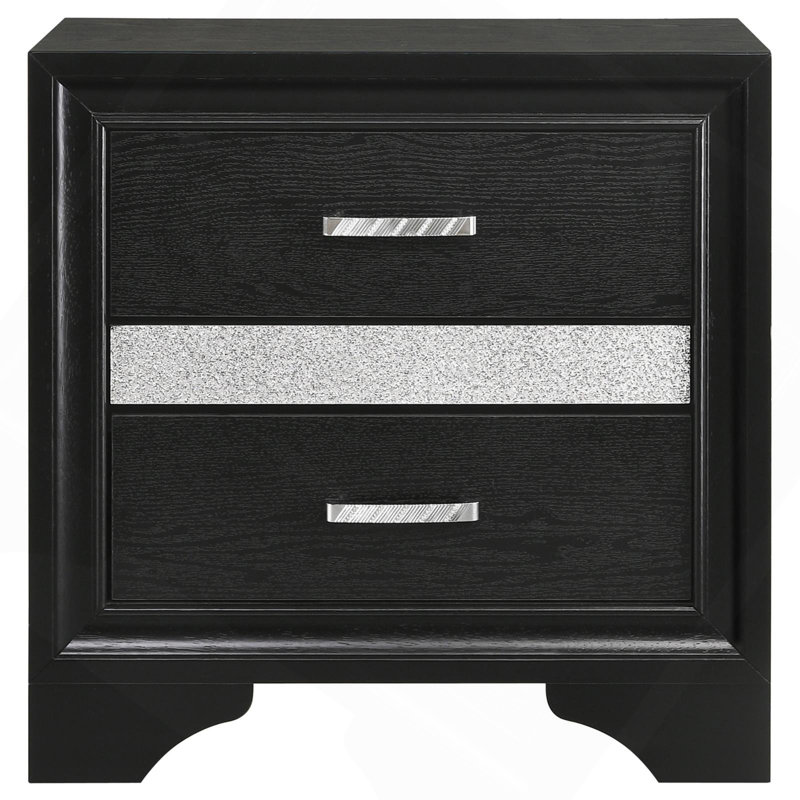 Table de chevet noire à 2 tiroirs avec plateau à bijoux caché, Noir