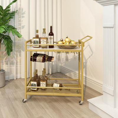 Bar Cart with 2 Storage Racks Rolling Kitchen Cart with Wine Rack and Glass Rack