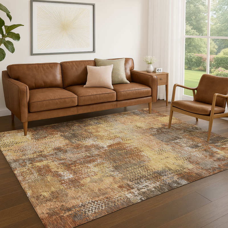 Tapis abstrait lavable à la machine intérieur / extérieur ACN2790, Cuivre, 10 pi x 14 pi