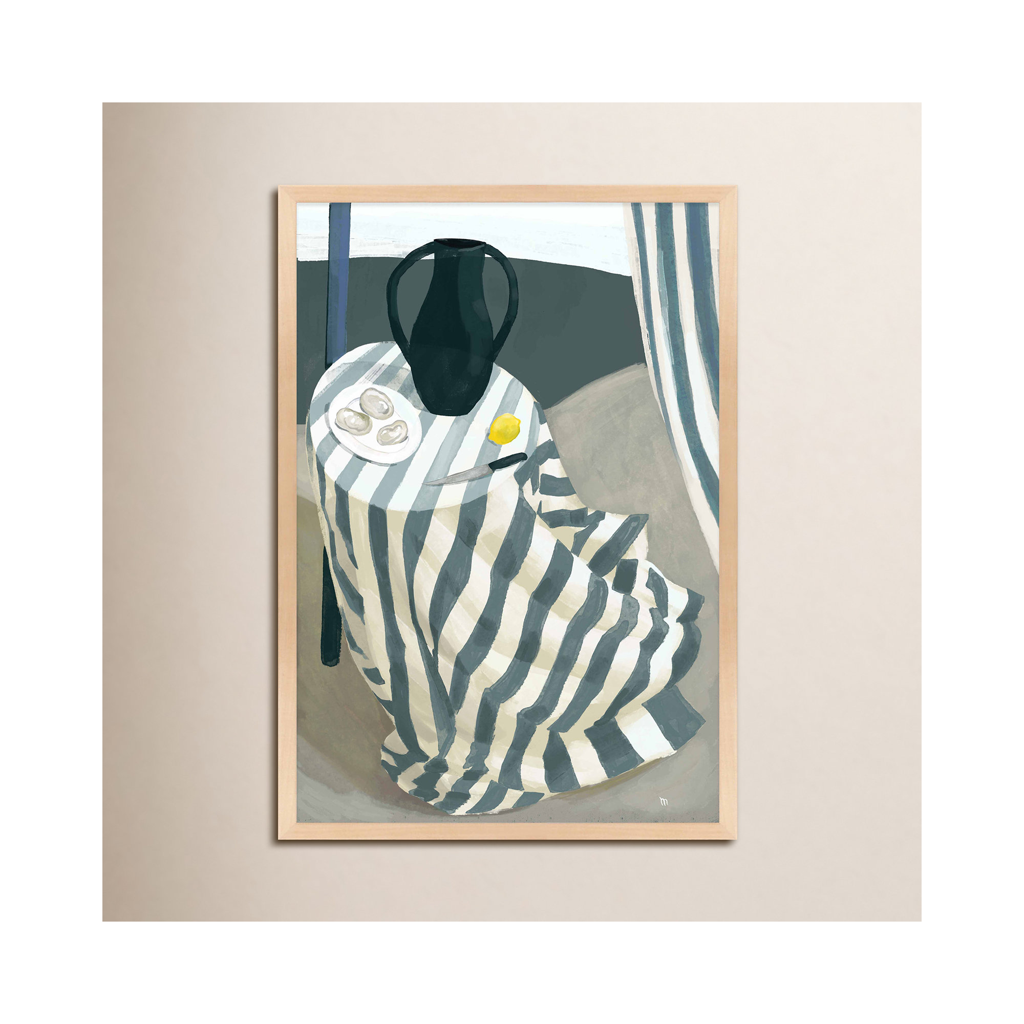 Oysters At The Beach by Marco Marella For Studio M, 14" W x 20" H, Maple Framed Paper