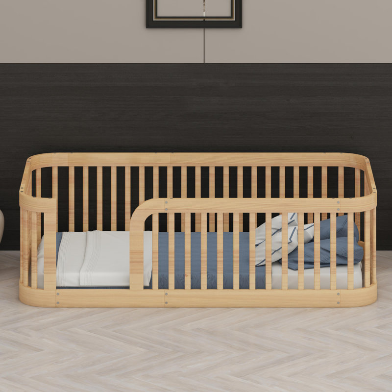 Structure de lit moderne en bois avec clôture protectrice, Naturel