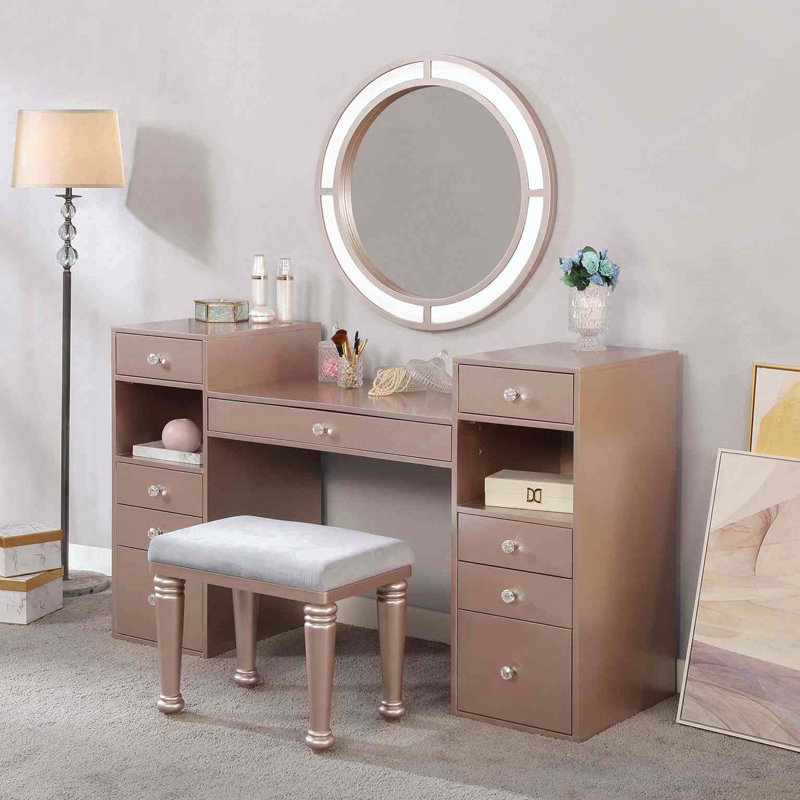 Glam Style Vanity with Padded Stool Set, 3mm Mirror Storage Drawers and LED Mirror