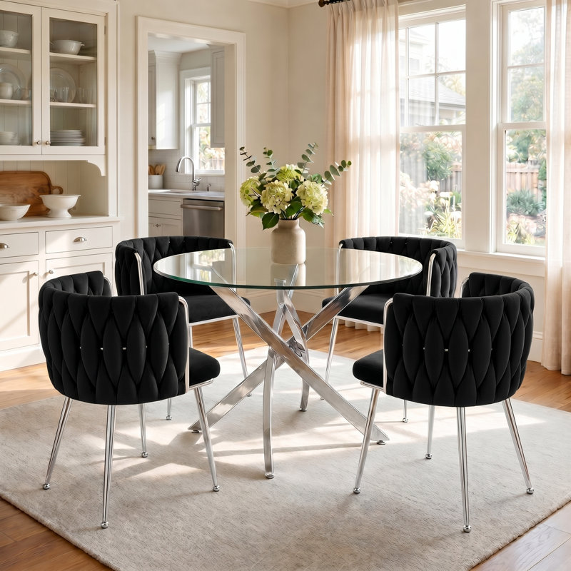 35" Round Glass Dining Table Set For 4, Modern Minimalist Tempered Glass Kitchen Table With 4 Velvet Chairs, For Dining Room, Kitchen
