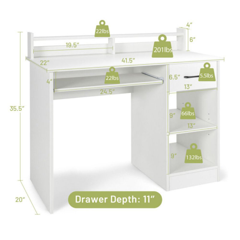 Table d'ordinateur pour étude avec tiroir et plateau à clavier, Blanc