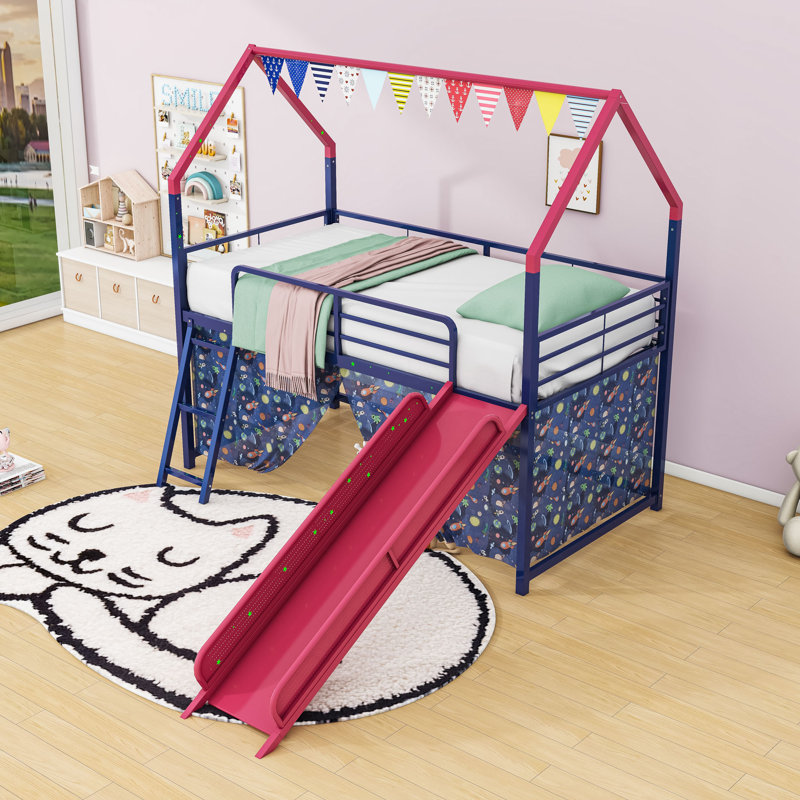 Lit mezzanine simple avec glissade et accessoires ludiques, Bleu marine / rouge