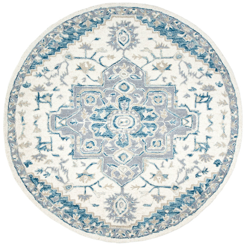 Cremont Hand Tufted Wool Cotton Oriental Rug in Ivory/Navy, Round 7'