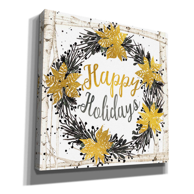 «Happy Holidays Birch Wreath» par Cindy Jacobs, reproduction d'art sur toile, H 12 po x l 12 po x P 0,75 po