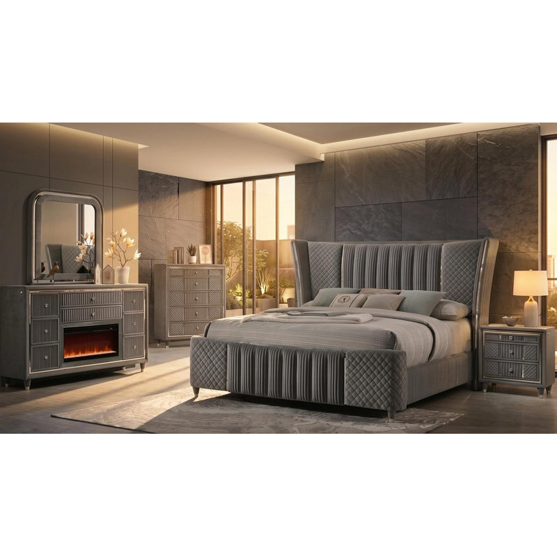 Ensemble de chambre à coucher 5 pièces Cheatum Gray Queen, Gray, 5Pcs:Bed,Nightstand, Dresser,Dresser Mirror,Chest, Queen