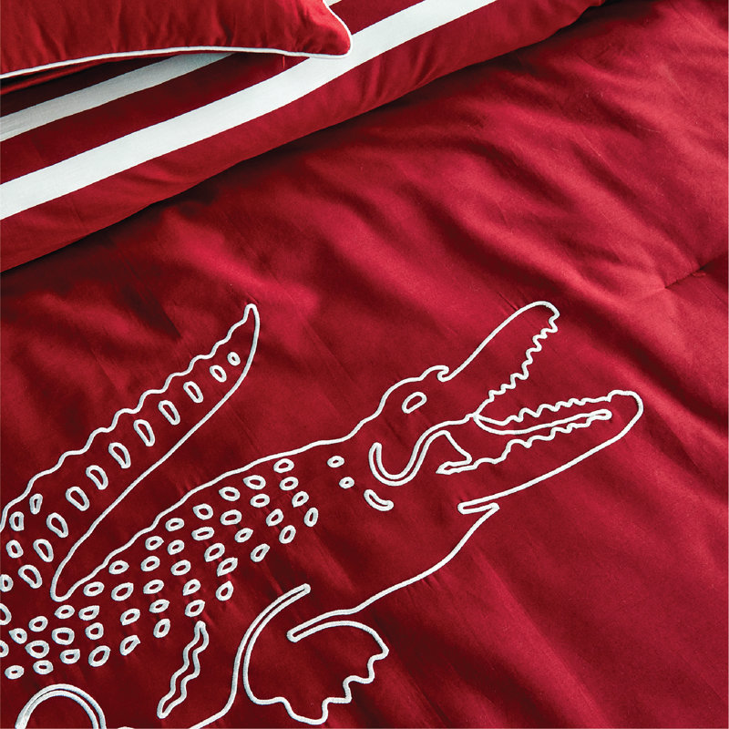 Lacoste Big Croc Cotton 3-Piece Comforter Set – Red, 100% Cotton Percale, Reversible Bedding Set with Embroidered Crocodile Shams, Red, Twin