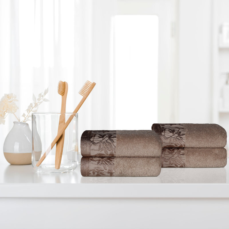 Carinna Cotton Medium Weight Floral Jacquard Border Assorted Bathroom Towel Set, Frappe, Hand Towels - 4 Pack