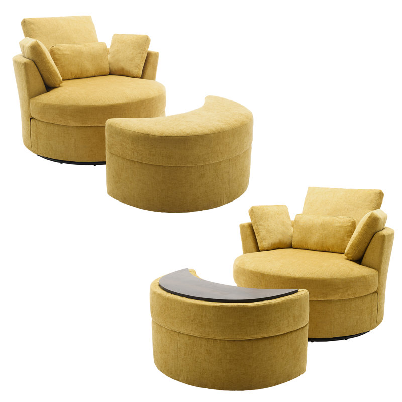 Upholstered Swivel Lounge Armchair With Storage Ottoman(Set of 2), Mustard Polyester Blend
