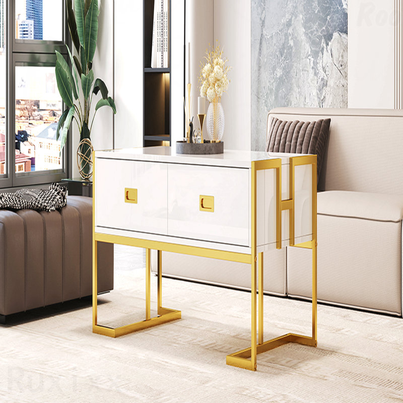 Table basse moderne 47,3 "avec 4 tiroirs et base dorée blanc, Blanc