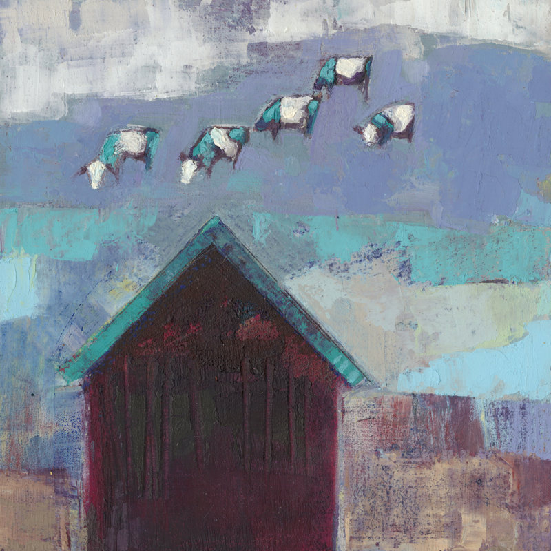Vache, nuage, grange, H 12 po x l 12 po