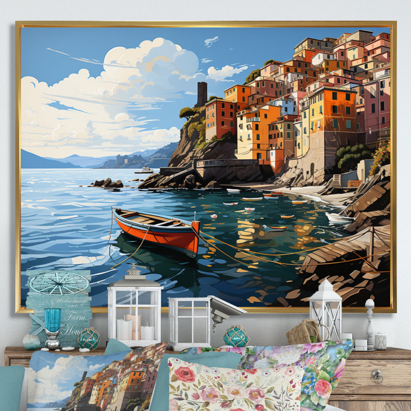 «Beige Italy Cinque Terre I» sur toile, Cadre flottant doré, H 30 po x l 40 po x P 1,5 po