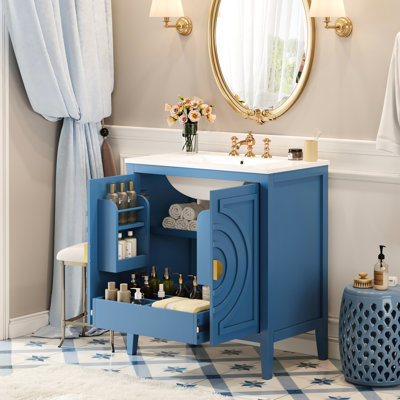 Armoire de rangement de salle de bain avec lavabo, 30 pouces, design Mid-Century, charnières à fermeture en douceur, tiroir caché, organisateur de porte, tablettes réglables, poignées rondes rétro, finition bleue rétro, meuble-lavabo avec cadre 30 po