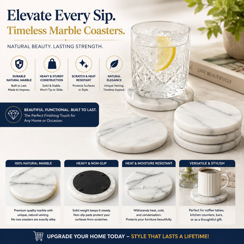 Natural Marble 4 Inch Round Coaster Cup Holder