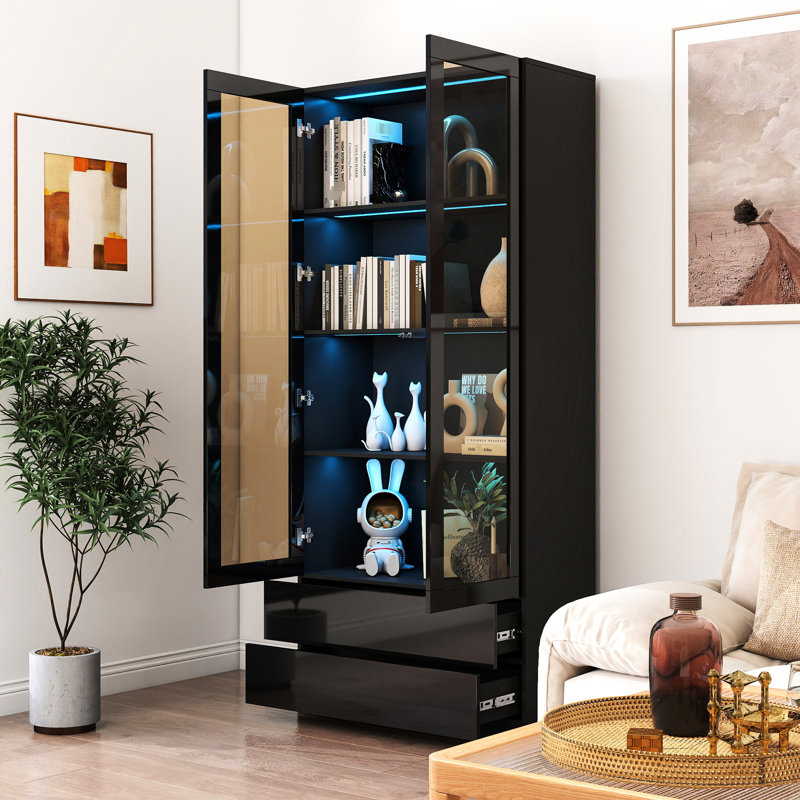 Bibliothèque noire avec lumières à DEL, 4 tablettes, 2 tiroirs et portes en verre pour vitrine d'étude - portes éclairées, tablettes de rangement dans la chambre à coucher