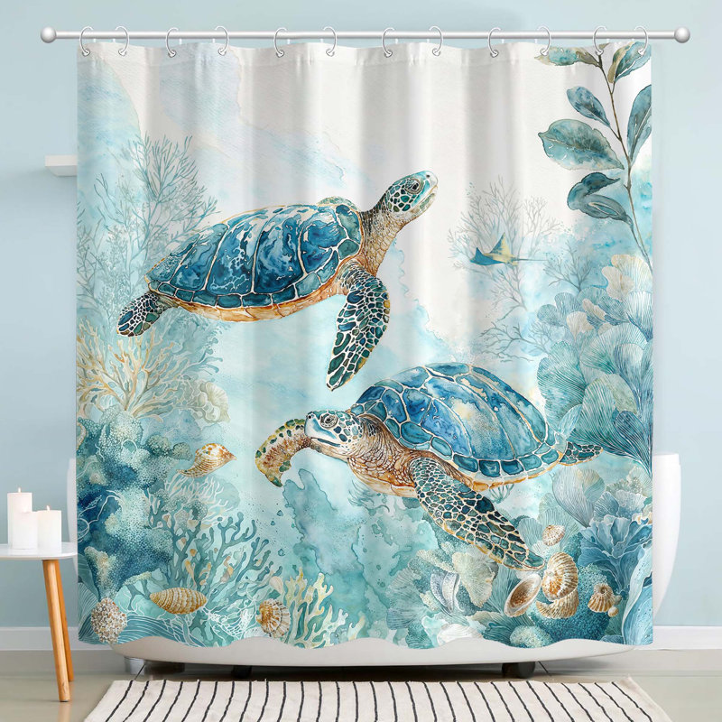 Ensemble de rideau de douche en tissu imperméable avec crochets pour salle de bain Funny Ocean Turtle 72 po x 72 po