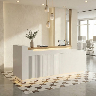 86.6" Modern L-Shaped Reception Desk With LED & Built-In Charging, White Front Checkout Counter For Salon, Retail, Office