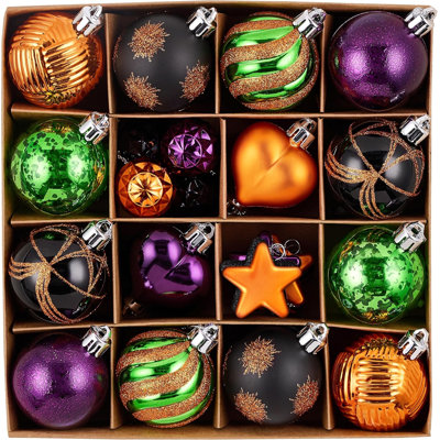 Valery Madelyn, ensemble de 28 décorations d'Halloween en forme de cœur, décorations d'Halloween en forme d'arbre peint en forme de cœur, boules de Noël orange, mauve et vert suspendues, décoration de fête intérieure