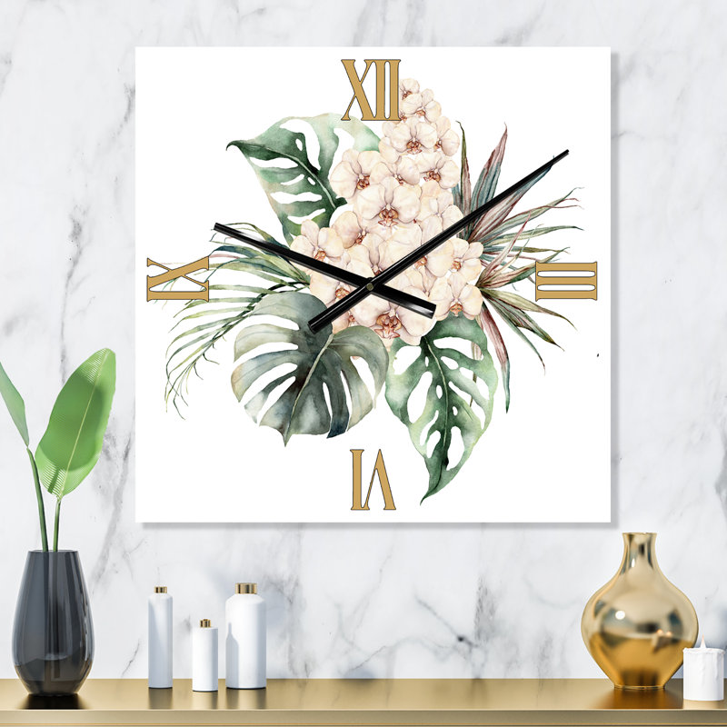 Horloge murale Bouquet avec orchidées Monstera et feuilles de noix de coco, Grand