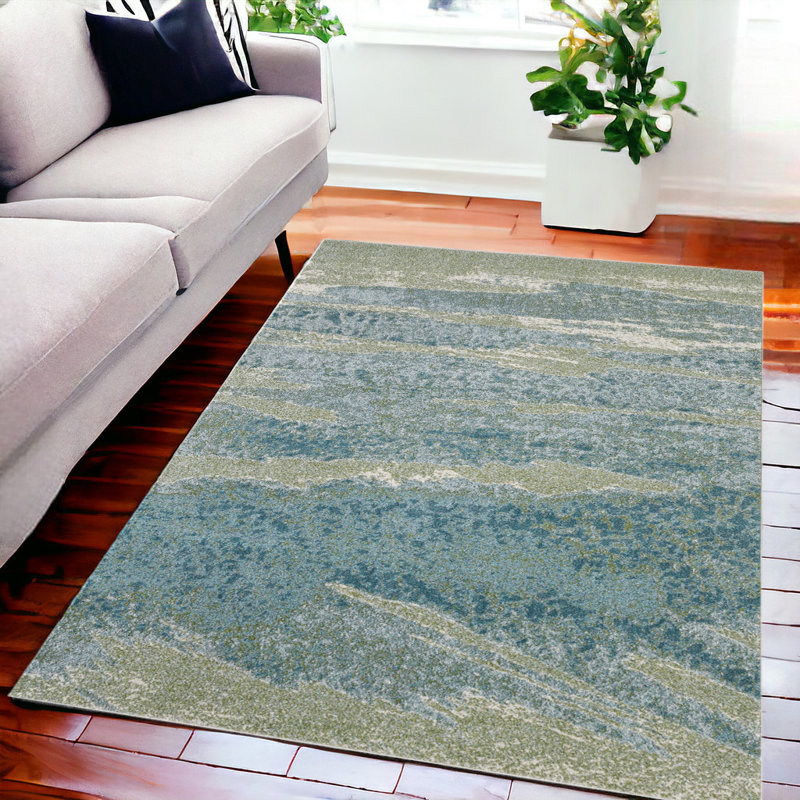 Blue and Green Abstract Area Rug, Rectangle 5' x 8'