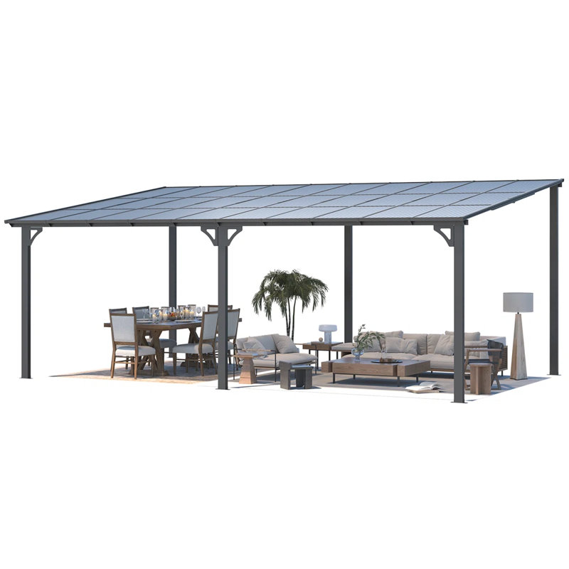 Yardgracewall Mounted Lean To Metal Awnings With Sloped Roof, Solar Light, 98" H x 240" W x 144" D