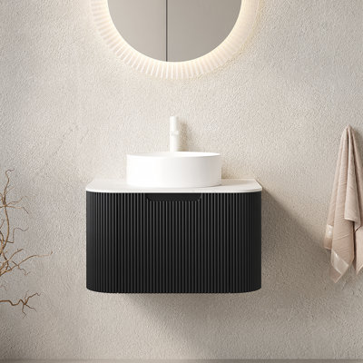 Meuble-lavabo de 24 po avec lavabo, meuble-lavabo rayé à bords arrondis avec tiroir, cuve en céramique ronde blanche et plateau en pierre frittée blanche de Carrare, pré-assemblé, couleur noire