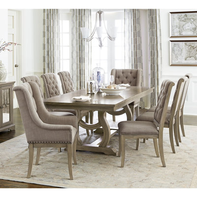 Classic Luxury 9-Piece Extendable Dining Table & Chairs Set with Button Tufted Upholstery & Self-Storing Leaf - Traditional Design Furniture