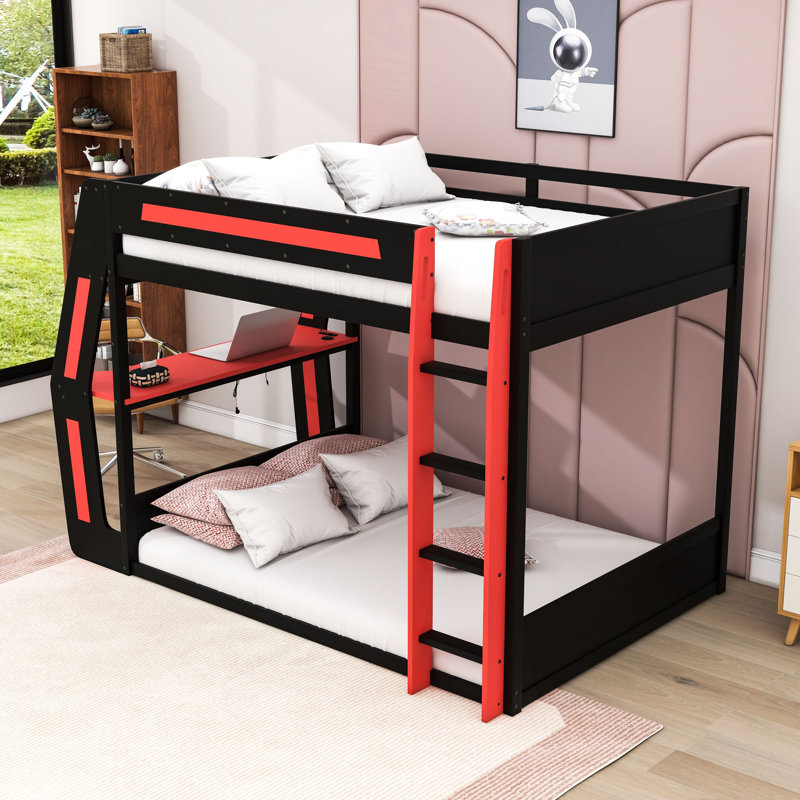 Lit superposé double en bois avec bureau, ports de charge USB et lumière DEL, Rouge
