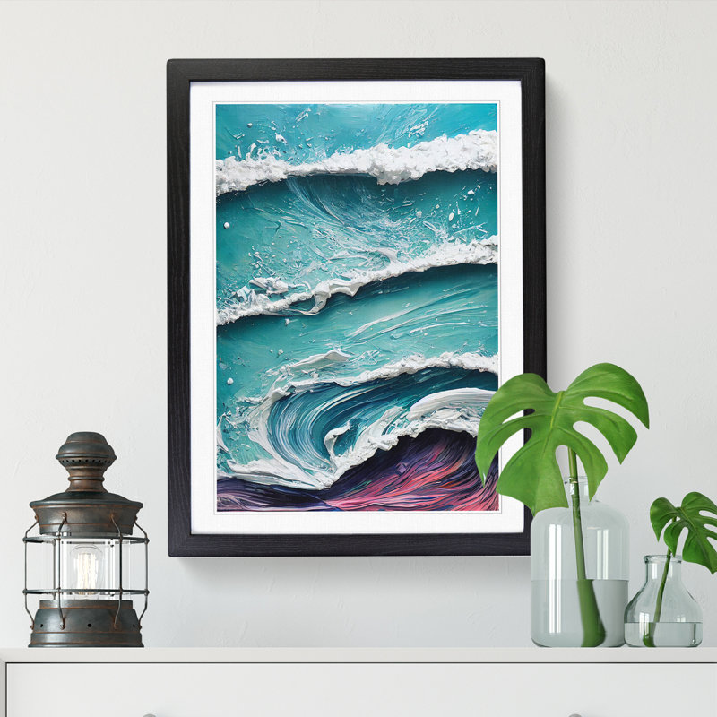 FRM-V0523-197X Beach Paint Pouring - Picture Frame Print, Black, 64cm H x 46cm W