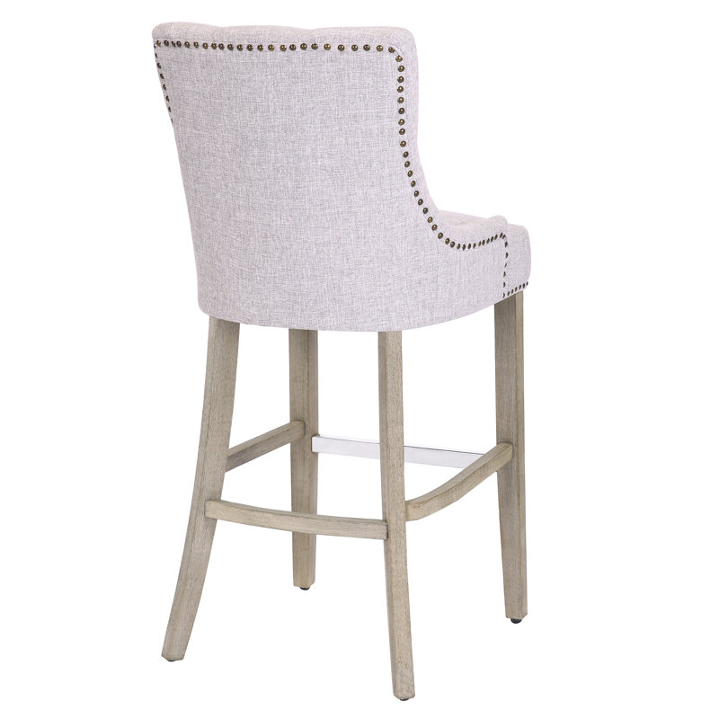 Linen Fabric Tufted Upholstered Counter Stool, Light Grey/Antique Grey, Bar Stool (29” Seat Height)