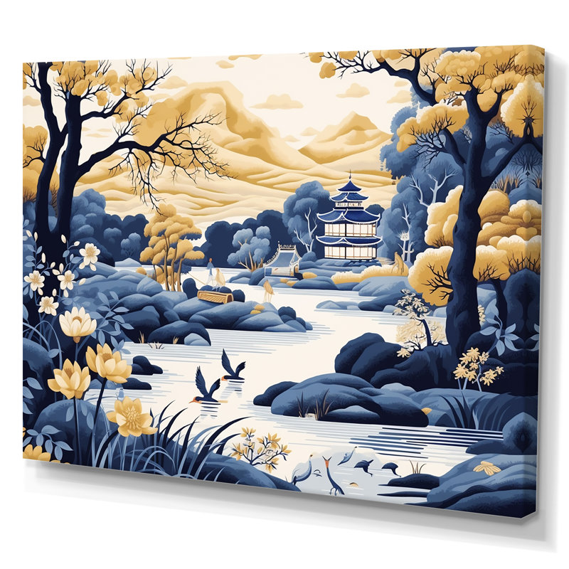 «Blue and Yellow China Blooming Landscape I», art mural Chine, Toile tendue, H 34 po x l 44 po x P 1,5 po