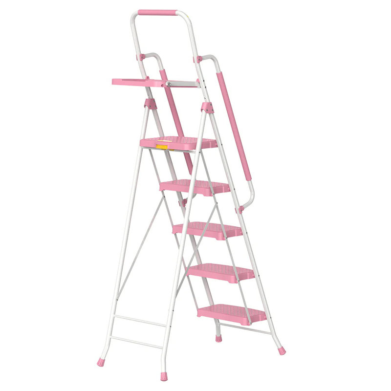 Folding 5-Step Ladder with Handrails and Tool Tray, Anti-Slip Wide Pedal,330Lbs Load Heavy Duty, Portable Steel Step Stool for Kitchen