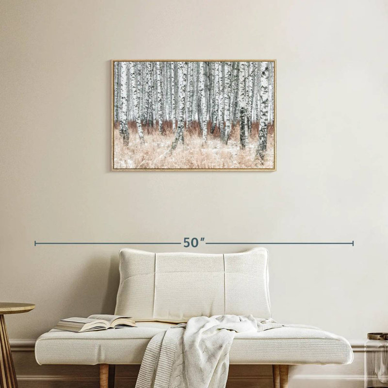 Winter Season Birch Forest, Floating Frame Natural Wood, 31" X 21"