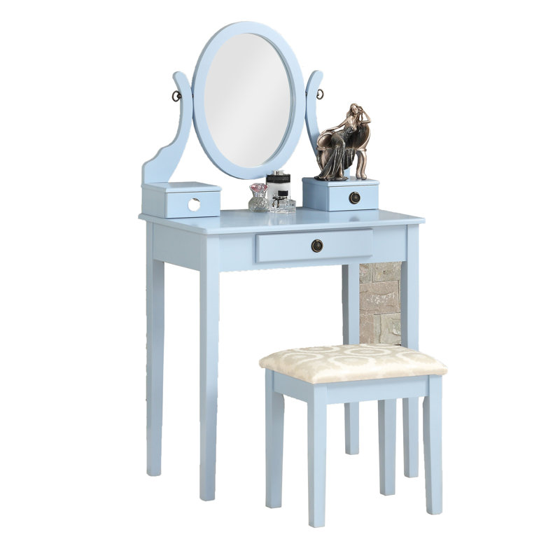 Coiffeuse en bois bleu avec siège - 3 tiroirs de rangement, miroir réglable, table et miroir, Bleu