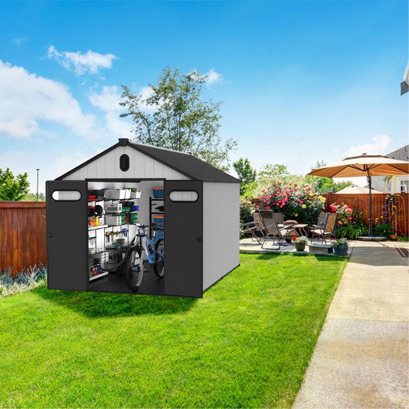 Resin Plastic Storage Shed For Backyard Garden Big Spire Tool Storage, 95" H x 138.5" W x 90.7" D, Black/White