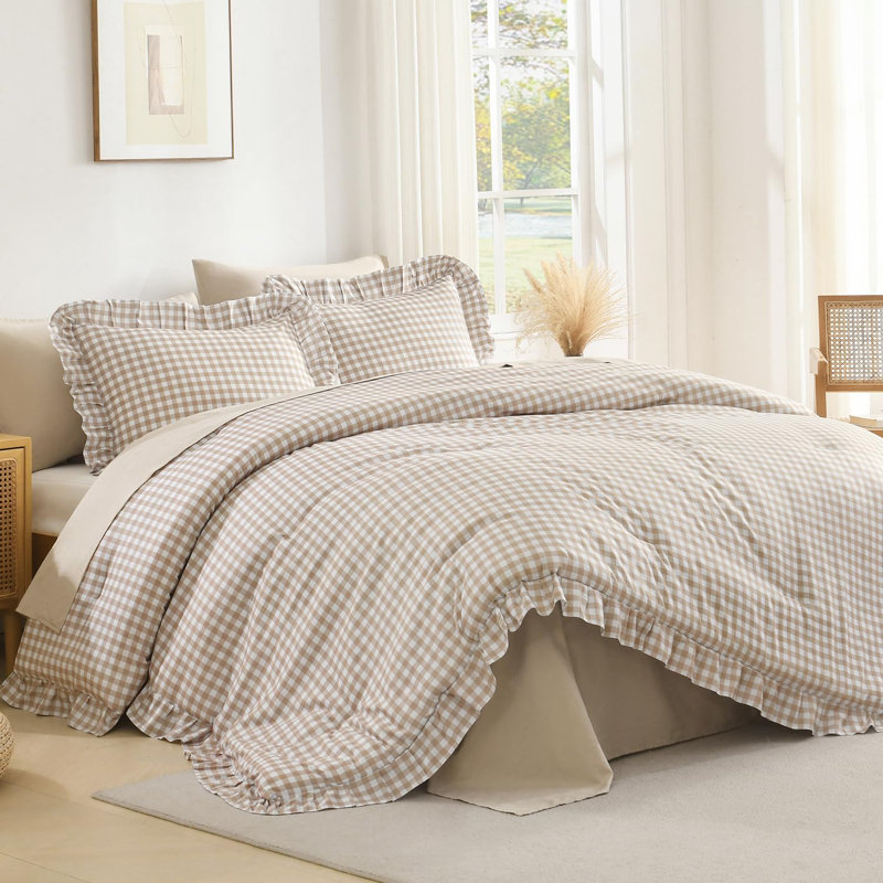 Andency Tan Gingham Ruffle Comforter Cal King(104x96Inch), 3 Pieces(1 Ruffled Comforter and 2 Pillowcases) Solid Farmhouse Bed, Vintage Rustic Soft Microfiber Bedding Set