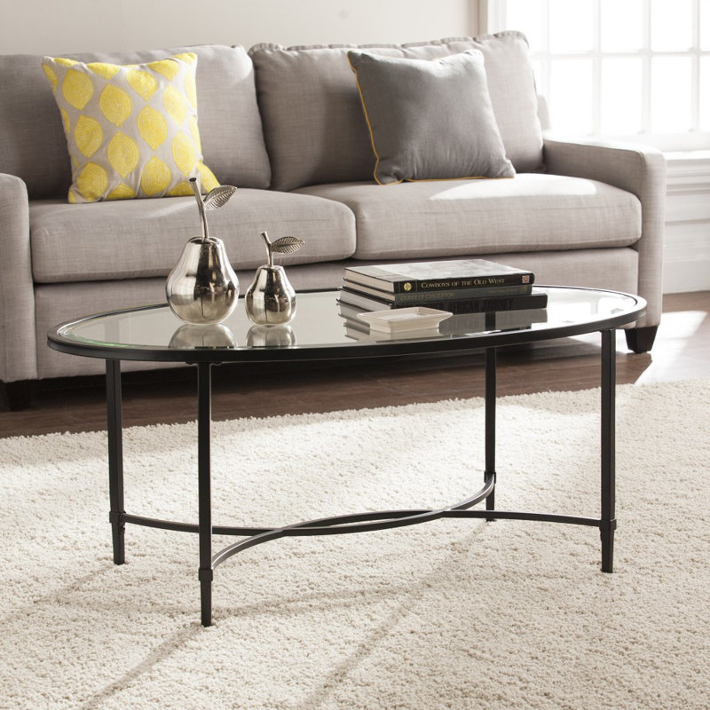  Table basse ovale en verre et métal transparent 45 po - Plateau géométrique moderne en verre